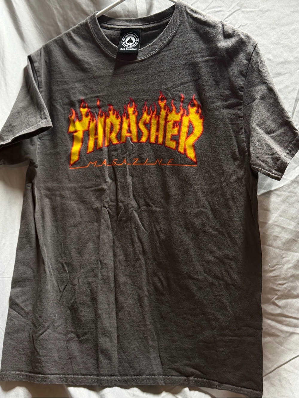Thrasher Charcoal Tee with Yellow-Orange Flame Logo